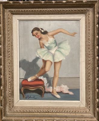 tableau représentant une femme vêtue d'un tutu blanc, assise sur une chaise rouge