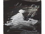 une peinture en noir et blanc représentant des mots écrits sur un morceau de papier