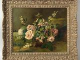 an image of a painting of flowers in a basket on a table