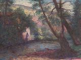 un tableau représentant une rivière qui traverse une zone boisée