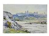 watercolor painting of a landscape with a castle in the distance
