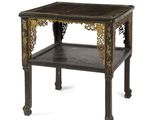 a black and gold side table with a shelf on the top