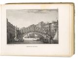 un vieux livre sur lequel figure le dessin d'un pont enjambant une rivière