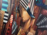 tableau représentant une femme avec un chapeau et une guitare devant une fenêtre