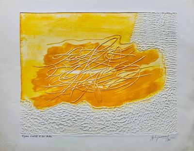 peinture abstraite jaune et blanche, avec des lignes au milieu