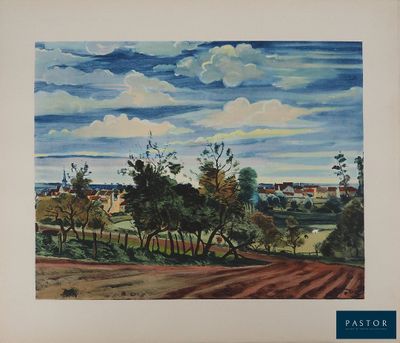un tableau représentant un paysage avec des arbres et une route au premier plan