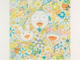 une image représentant un dessin d'un canard et de deux lapins dans un champ de fleurs