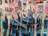 an oil painting of gondolas on a canal with buildings in the background