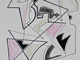 drawing of a black and white abstract painting with pink and black shapes