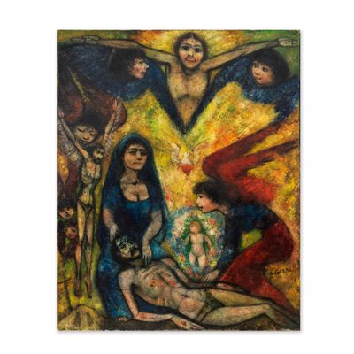 a painting of a woman holding a baby in front of a group of people