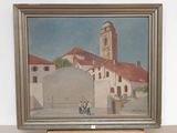 a painting of a group of people standing in front of a building