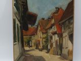 une peinture à l'huile représentant une rue d'une petite ville, sur un support blanc