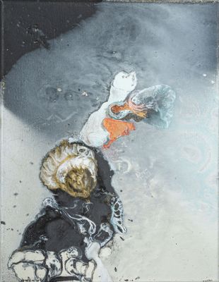 un tableau représentant un enfant jouant au frisbee dans la neige
