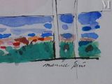 painting of a view of a field with trees and a blue sky