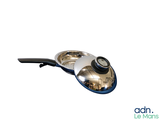 a silver pan with a black handle on a white background