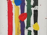 abstract painting of multicolored lines on white background with red, yellow, blue, green, and red paint