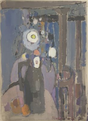 a painting of flowers in a vase on a table