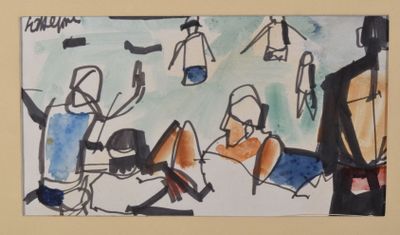 a drawing of a group of people sitting in a room
