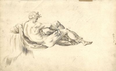 un vieux dessin représentant un homme allongé sur le dos, la tête entre les mains