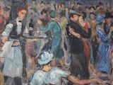 a painting of a group of people in a crowded area