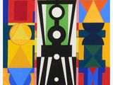 an abstract painting of a clock on a colorful background