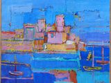 an oil painting of boats in a harbor with a city in the background