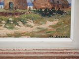 a picture of a painting of a farm with a barn in the background