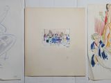 four different colored drawings of a woman sitting on a chair