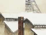 painting of a view of a building with a tower in the background