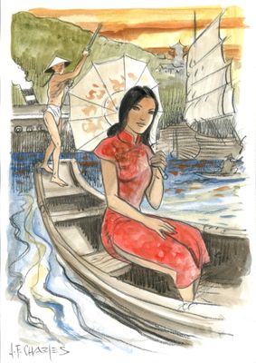tableau représentant une femme en robe rouge assise dans un bateau, un parapluie à la main