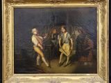 un vieux tableau représentant un couple en train de danser dans une salle de bal