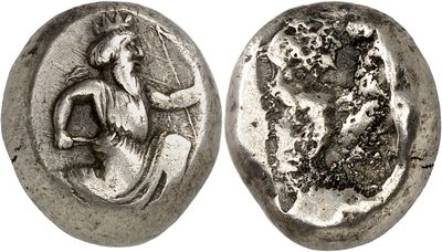 a silver coin with an image of a woman and a man on it