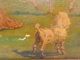 tableau représentant un chien et une femme dans un champ, avec un cheval