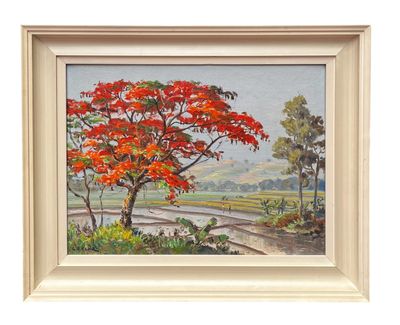 une peinture à l'huile représentant un arbre rouge au milieu d'un champ