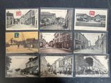 several black and white photographs of old buildings and street scenes