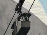 a painting of a cable car with people on it
