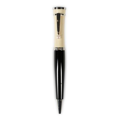a close up of a pen on a white surface with a white background