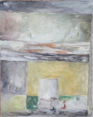 une image représentant un tableau d'une pièce avec une porte et une fenêtre
