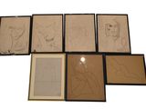 six framed drawings of people in various poses on a white background