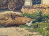 a painting of a farm scene with chickens and hay