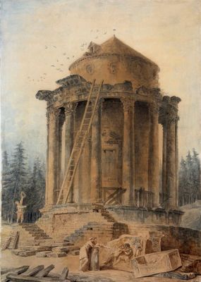 une vieille peinture représentant un bâtiment devant lequel se tient un homme