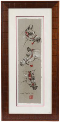 framed picture of three horses and a bird in a wood frame