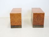 pair of mid century modern burlwood and brass side tables