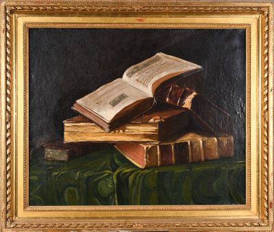 an oil painting of a book and a pair of glasses on a table