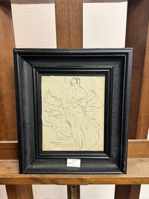 dessin représentant un homme assis sur un banc, avec un chien sur les genoux