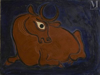 an image of a painting of a bull on a blue background