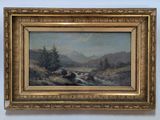 an oil painting of a mountain scene with a stream in the foreground