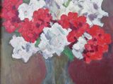 painting of red and white flowers in a vase on a table