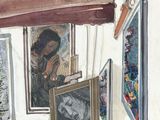 a painting of a woman sitting in a chair in front of a window