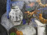 a painting of a bowl of fruit and a vase on a table